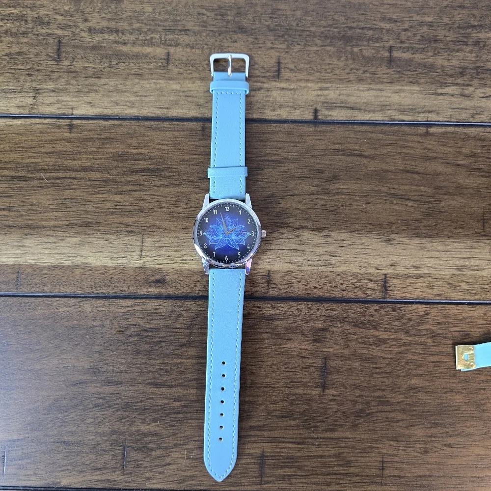 Polish Blue Lotus Watch – Genuine Leather Band – 1.5